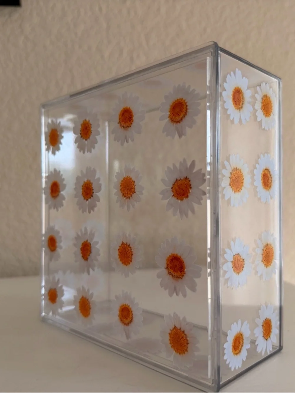 Clear Acrylic Daisy Storage Box - White & Orange Daisy Print